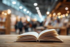 Open book on wooden table, blurred fair background Open book on wooden table, blurred fair background